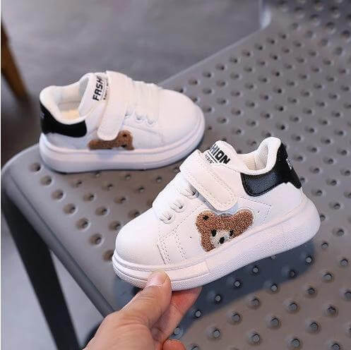 Baby Bear Casual Kids Sports Shoes For Toddlers With Cartoon Print - white toddler sneakers with teddy bear patch, velcro strap and rubber sole
