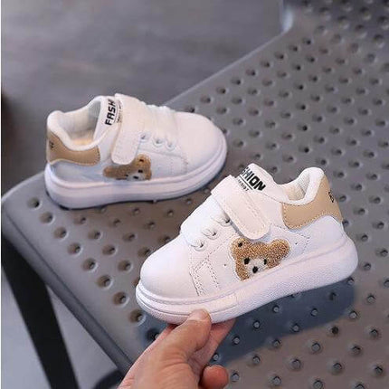 Baby Bear Casual Kids Sports Shoes For Toddlers With Cartoon Print white toddler sneakers with teddy bear patch, velcro strap, rubber sole