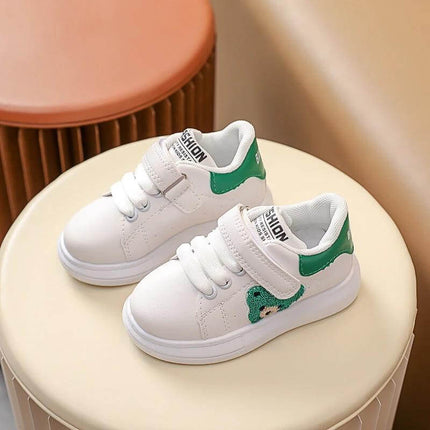 Baby Bear Casual Kids Sports Shoes For Toddlers With Cartoon Print — white toddler sneakers with green cartoon accent, velcro strap and rubber sole