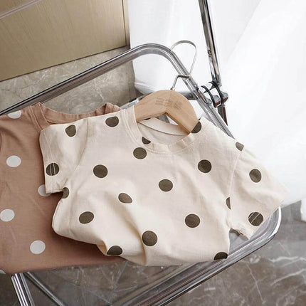 Baby Cotton Dot T Shirt Beige Short Sleeve For Everyday Wear - 100% cotton beige baby tee with brown dot pattern, short sleeves for naps and playtime