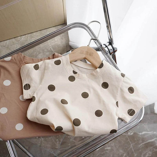 Baby Cotton Dot T Shirt Beige Short Sleeve For Everyday Wear - 100% cotton beige baby tee with brown dot pattern, short sleeves for naps and playtime