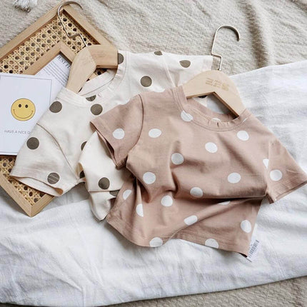 Baby Cotton Dot T Shirt Beige Short Sleeve For Everyday Wear - 100% cotton beige dot baby tee, breathable short sleeve for naps and playtime