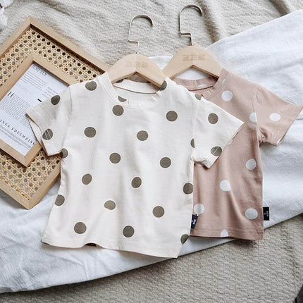 Baby Cotton Dot T Shirt Beige Short Sleeve For Everyday Wear - 100% cotton beige dot baby tee, breathable short sleeve casual top for naps and playtime