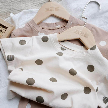 Baby Cotton Dot T Shirt Beige Short Sleeve For Everyday Wear - 100% cotton breathable beige dot tee for baby, ideal for naps and playtime