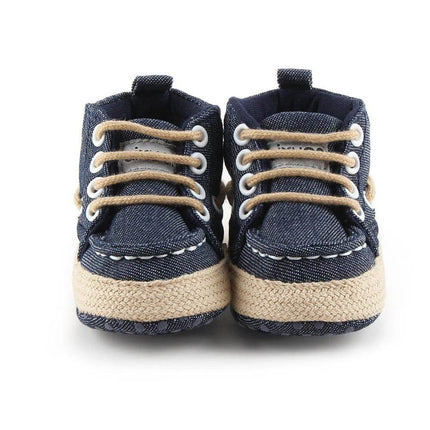 Baby Cotton Shoes Size 1 For Toddler Everyday Comfort - navy denim lightweight cotton baby shoes with stitched sole, non-slip for early steps