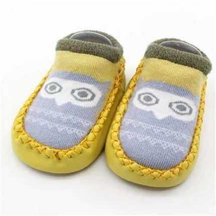 Baby Floor Socks With Non Slip Soles For Daily Comfort - yellow baby floor socks with non-slip sole dots, ankle cuff and owl pattern, indoor crawling grip