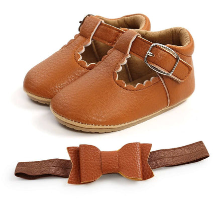 Baby Girl Princess Toddler Shoes Breathable Non Slip Spring - brown leather mary jane with scalloped edge, buckle strap and matching bow headband, non-slip sole