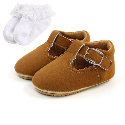 Baby Girl Princess Toddler Shoes Breathable Non Slip Spring brown faux-suede buckle shoes with white lace socks for early walking