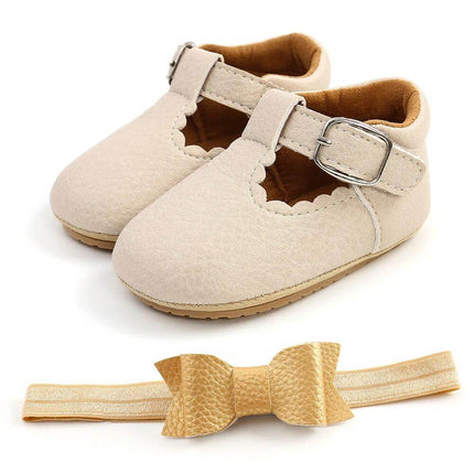 Baby Girl Princess Toddler Shoes Breathable Non Slip Spring beige scalloped buckle maryjane with headband