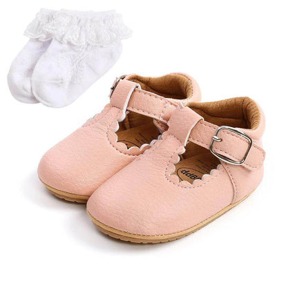 Baby Girl Princess Toddler Shoes Breathable Non Slip Spring pink Mary Jane with buckle and white lace socks for early walking