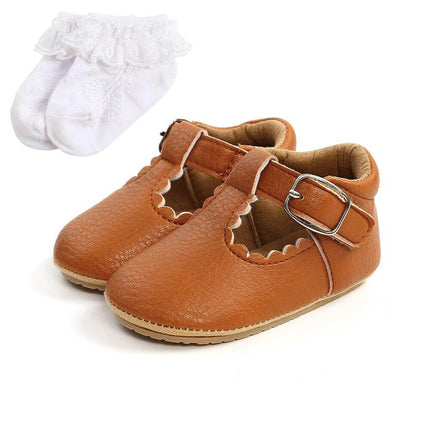 Baby Girl Princess Toddler Shoes Breathable Non Slip Spring - tan scalloped mary janes with buckle and white ruffle socks for early walking