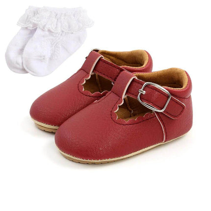 Baby Girl Princess Toddler Shoes Breathable Non Slip Spring red leather T-strap toddler shoes with buckle and white frilly socks, non-slip sole