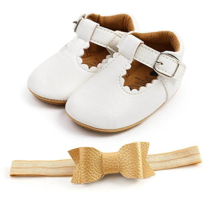 Baby Girl Princess Toddler Shoes Breathable Non Slip Spring white scalloped mary janes with buckle and gold bow headband for early walking