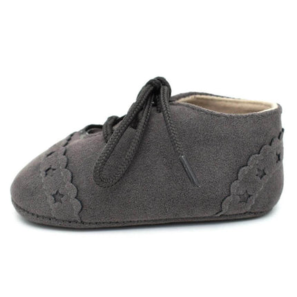 Baby Lace Soft Sole Shoes For 0 To 18 Months Cute Everyday Wear gray suede-look lace baby shoe, soft flexible outsole for pre-walkers
