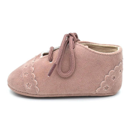 Baby Lace Soft Sole Shoes For 0 To 18 Months Cute Everyday Wear - pink suede-look lace baby shoe with soft anti-slip sole for nursery and strolls