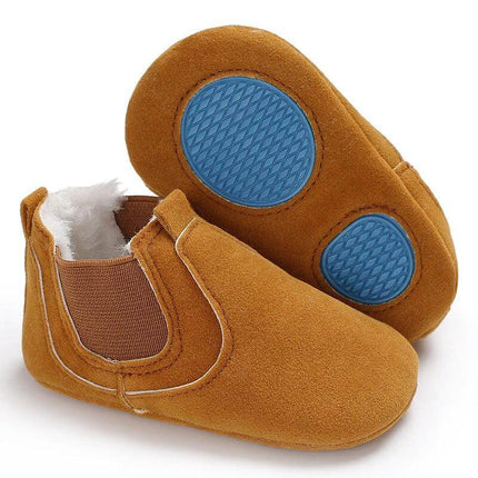 Baby Slip On Toddler Shoes With Cotton Upper 11 To 13 Cm - brown suede-look baby slip-ons with blue non-slip sole pads, elastic sides and soft cotton upper