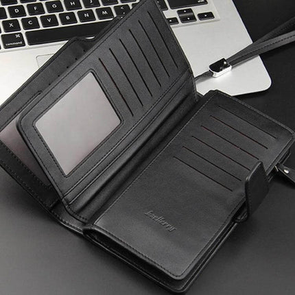 Baellerry Long Clutch Wallet for Men Brown Tri Fold Phone Bag open brown PU leather tri-fold wallet with zipper, card slots, ID window and phone pocket