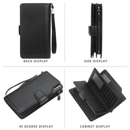 Baellerry Long Clutch Wallet for Men Brown Tri Fold Phone Bag - brown PU leather tri-fold wallet with zipper, card slots, phone and passport pocket