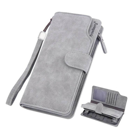 Baellerry Matte Leather Wallet With Multi Card Slot For Everyday Use - gray matte PU long zip wallet with wrist strap, coin pocket and multiple card slots