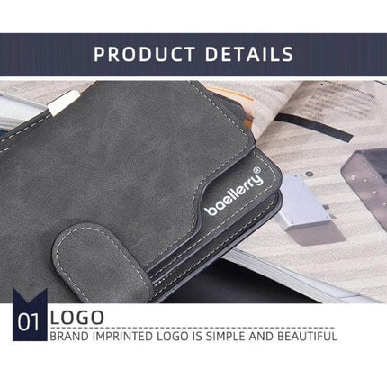 Baellerry Matte Leather Wallet With Multi Card Slot For Everyday Use - gray matte PU wallet with stitched flap, coin pocket and imprinted Baellerry logo