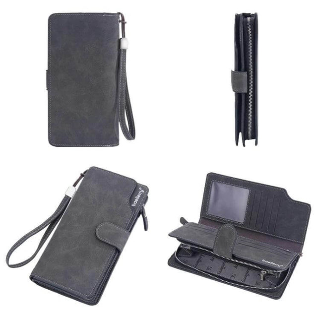Baellerry Matte Leather Wallet With Multi Card Slot For Everyday Use - gray matte PU zip wristlet wallet with multiple card slots, coin pocket, slim travel organizer