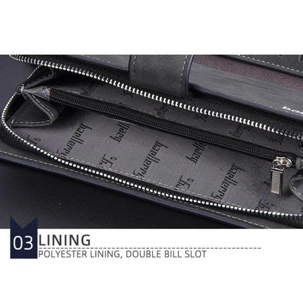 Baellerry Matte Leather Wallet With Multi Card Slot For Everyday Use showing interior zipper coin pocket and polyester lining with double bill slot