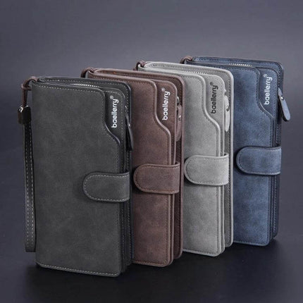 Baellerry Matte Leather Wallet With Multi Card Slot For Everyday Use in assorted grey brown blue colors showing zipper coin pocket and strap