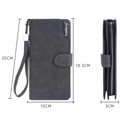 Baellerry Matte Leather Wallet With Multi Card Slot For Everyday Use - grey matte PU long wallet with wrist strap, zip coin pocket, card slots, compact dimensions