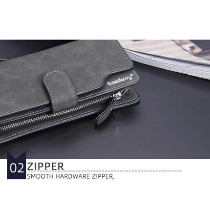 Baellerry Matte Leather Wallet With Multi Card Slot For Everyday Use gray matte PU wallet with zipper coin pocket and snap closure