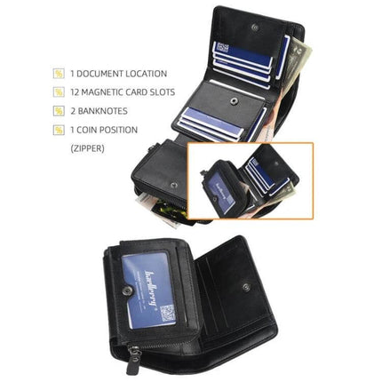 Baellerry Men Short TriFold Zip Coin Purse Black Daily Use slim black PU leather tri-fold wallet with zipper coin pocket, card slots and banknote compartment