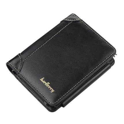 Baellerry Men Short TriFold Zip Coin Purse Black Daily Use - slim black PU leather tri-fold coin purse with zipper, stitched corners and compact pocket-friendly design