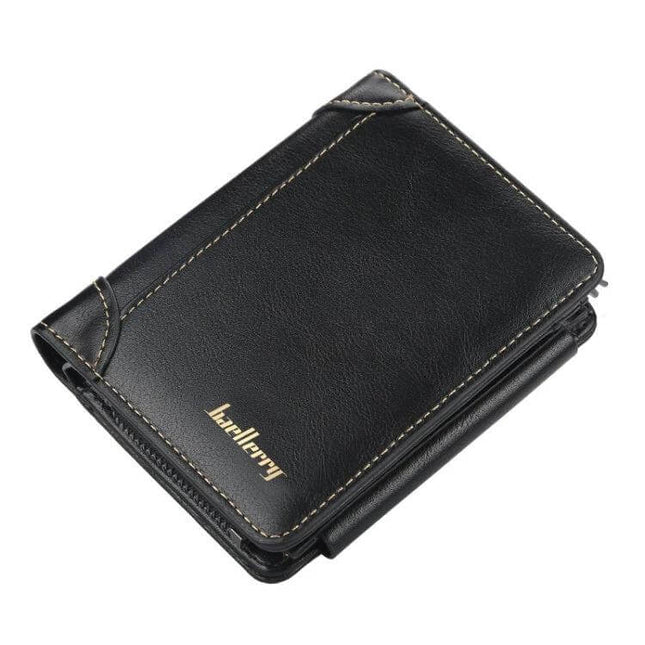 Baellerry Men Short TriFold Zip Coin Purse Black Daily Use - slim black PU leather tri-fold coin purse with zipper, stitched corners and compact pocket-friendly design