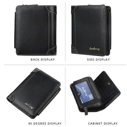 Baellerry Men Short TriFold Zip Coin Purse Black Daily Use slim black PU leather tri-fold wallet with zipper, card slots and coin pocket for everyday carry