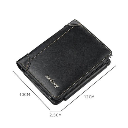 Baellerry Men Short TriFold Zip Coin Purse Black Daily Use slim black PU leather tri-fold coin purse with zipper for everyday carry