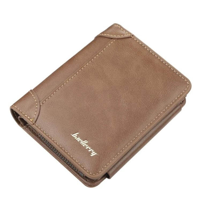 Baellerry Men Short TriFold Zip Coin Purse Black Daily Use compact brown PU leather slim zippered wallet for coins cards notes