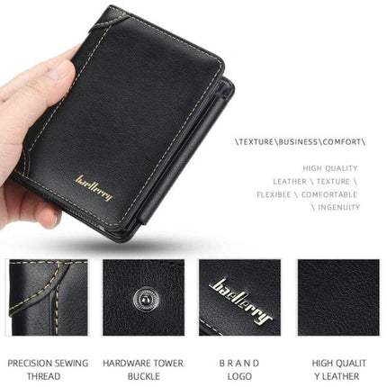 Baellerry Men Short TriFold Zip Coin Purse Black Daily Use - compact PU leather wallet with zipper buckle and slim tri-fold design