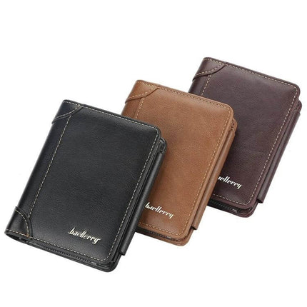 Baellerry Men Short TriFold Zip Coin Purse Black Daily Use - slim black PU leather tri-fold zip coin wallet for everyday carry