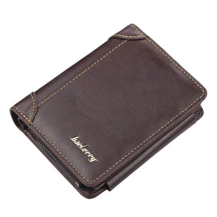 Baellerry Men Short TriFold Zip Coin Purse Black Daily Use compact PU leather tri-fold coin wallet with zipper buckle, slim pocket-sized everyday carry