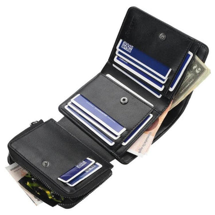 Baellerry Men Short TriFold Zip Coin Purse Black Daily Use compact black PU leather wallet with cards, coins and notes organized for everyday carry