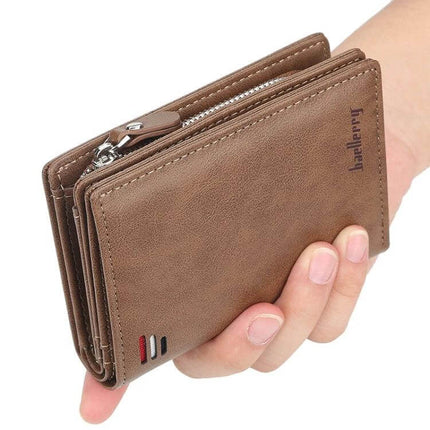 Baellerry Men's Short Vertical Card Wallet With Coin Pocket Khaki in hand, compact khaki PU leather wallet with coin pocket and magnetic closure