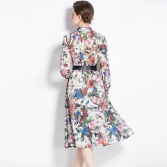 Floral Print Long Sleeve Cotton Dress with Waist Control