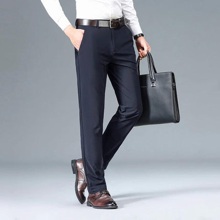 Men's Elastic Casual Pants for Everyday Comfort and Style - navy slim-fit nylon blend trousers shown with dress shoes and briefcase