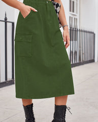 Slit Buttoned Denim Skirt with Pockets