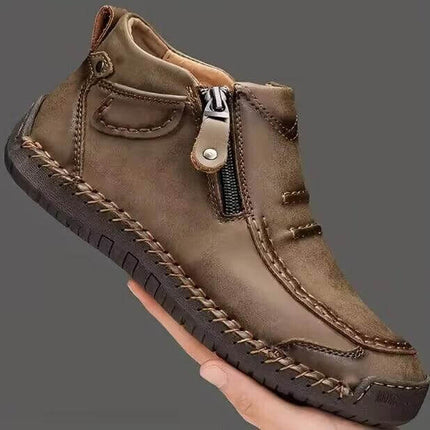 Men's Plus Size Chelsea Slip On Casual High Top Shoes in brown artificial PU with side zipper and elastic panels for easy on-off