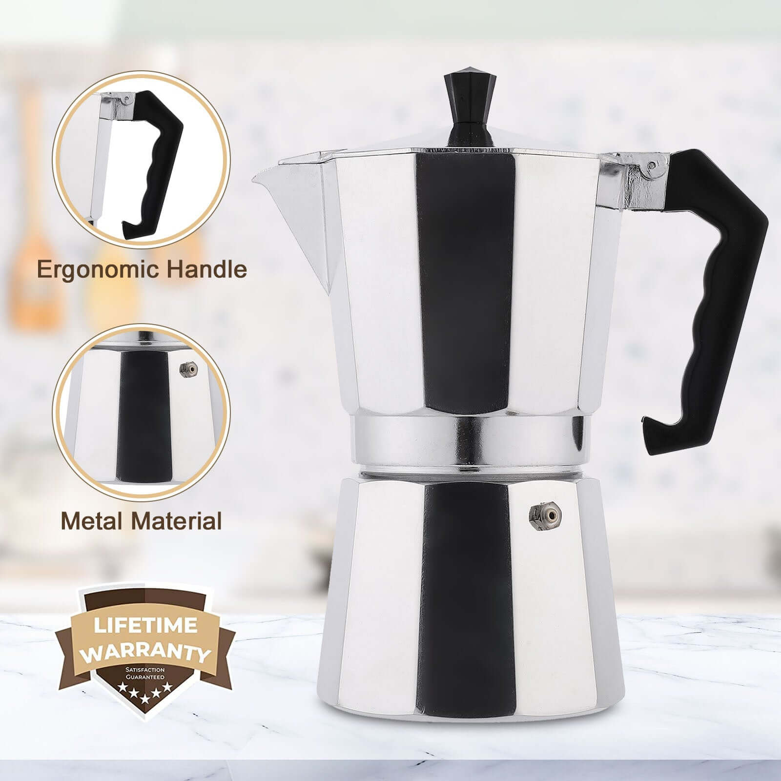 RAINBEAN 3-Cup Stovetop Moka Pot Espresso Maker with ergonomic handle and durable metal material, featuring lifetime warranty.