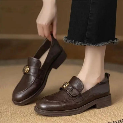 Camellia Leather Loafers For Women, Vintage British Slip-On