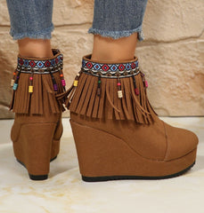 Fringe Suede Wedge Boots