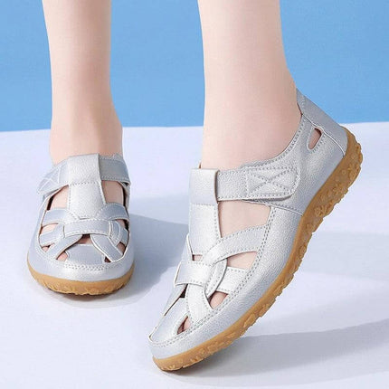 Beach Hollowed Flat Sandals For Casual Summer Wear - silver low-top round-toe Velcro sandals for beach, poolside, travel with quick-dry synthetic upper