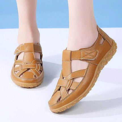 Beach Hollowed Flat Sandals For Casual Summer Wear - tan breathable patent-style leather, Velcro closure, low-top round-toe quick on/off summer sandals