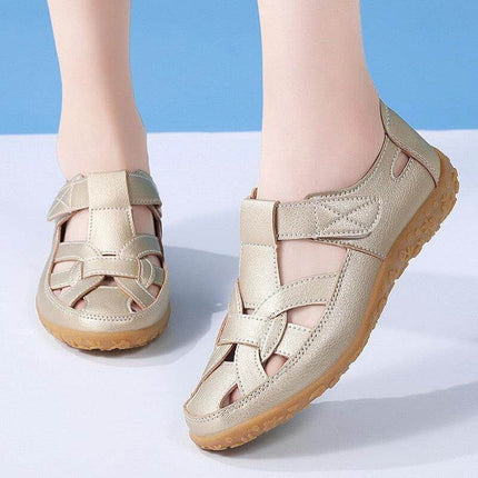 Beach Hollowed Flat Sandals For Casual Summer Wear in metallic beige with Velcro closure, round toe and breathable hollowed design